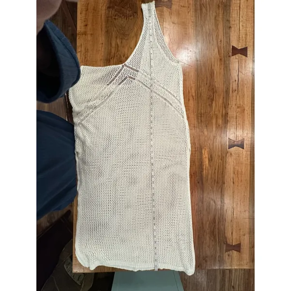 Boho Crochet Knit Maxi Cover Up Dress White Sleeveless V-Back Summer Resort - Image 10
