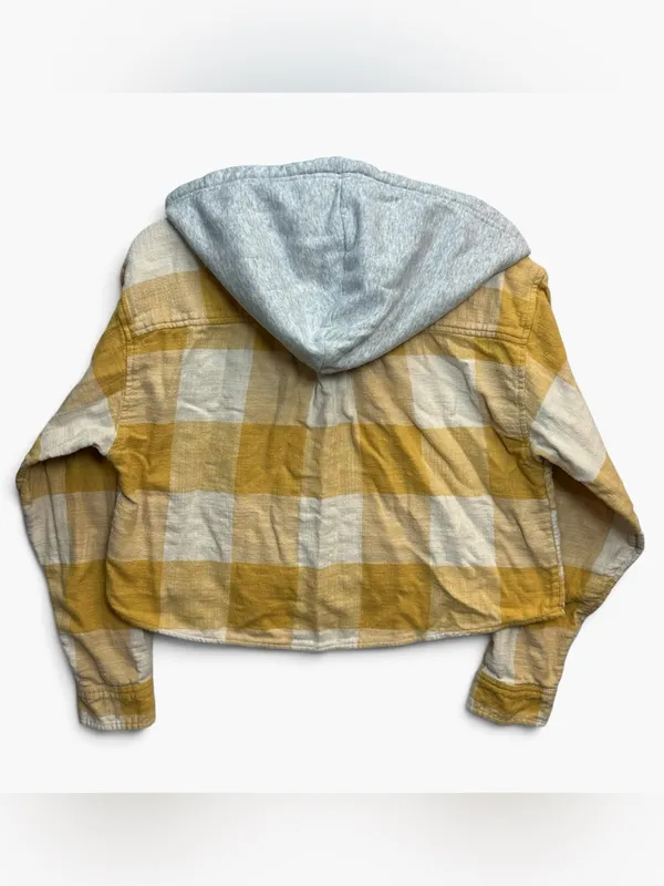 American Eagle Hooded Plaid Flannel Shirt Women Small Mustard Yellow Cropped - Image 4
