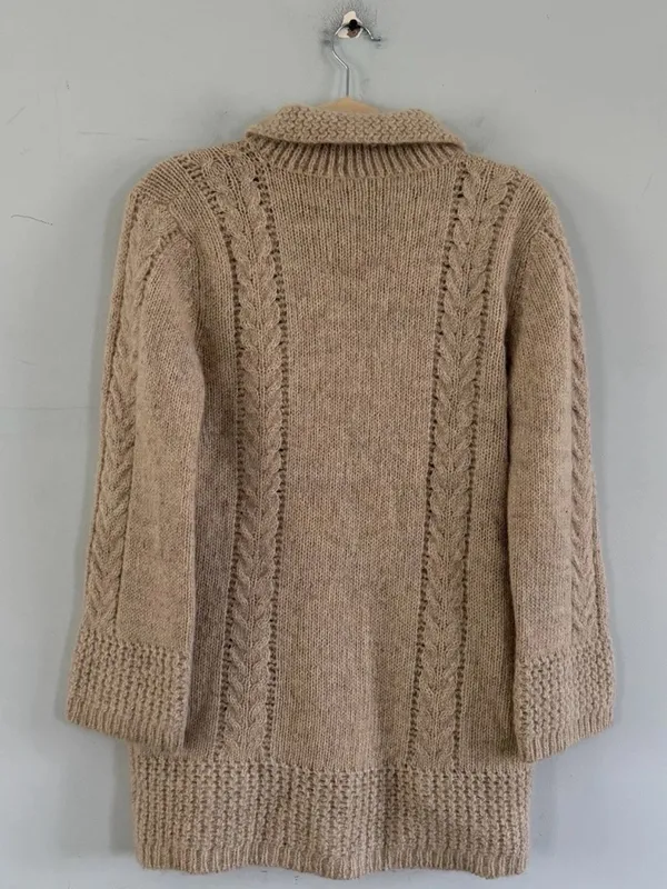 Vintage IQ Mohair Wool‎ Cardigan Cable Knit Tan Longline Collared Sweater - Image 3