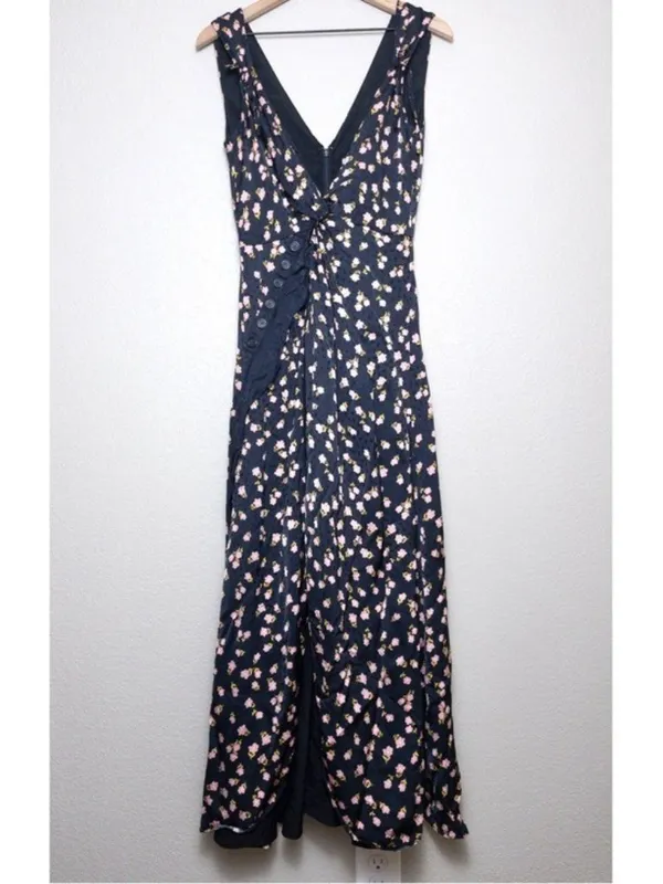 Self Portrait Twisted Ruffle Floral Jacquard Dress 10 Maxi Satin Twill Slit - Image 3