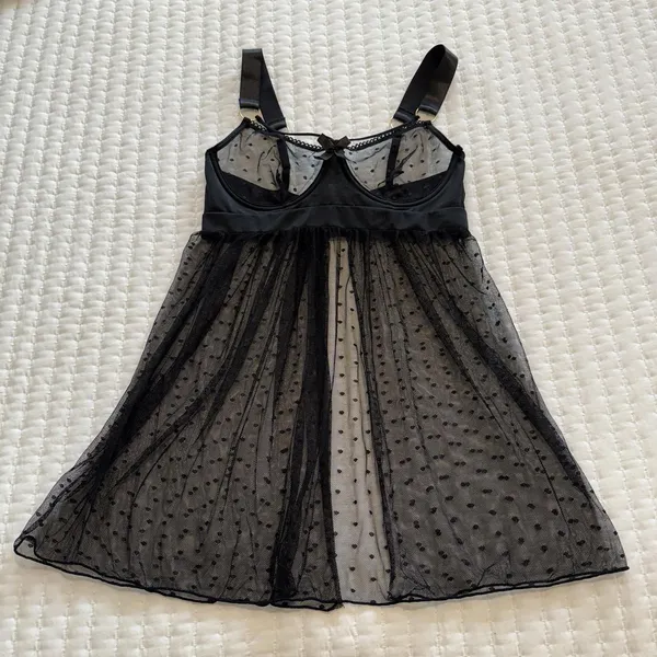 Venus Black Polka Dot Mesh Lace Lingerie Babydoll Slip Sheer Nightie Sz S Small - Image 2