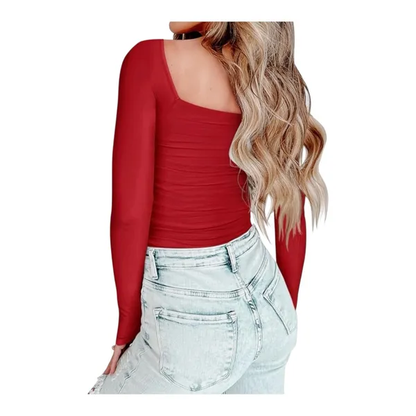 Pinkm Style Red Sheer Mesh Ruched Long Sleeve Bodysuit NWOT Size Large - Image 2