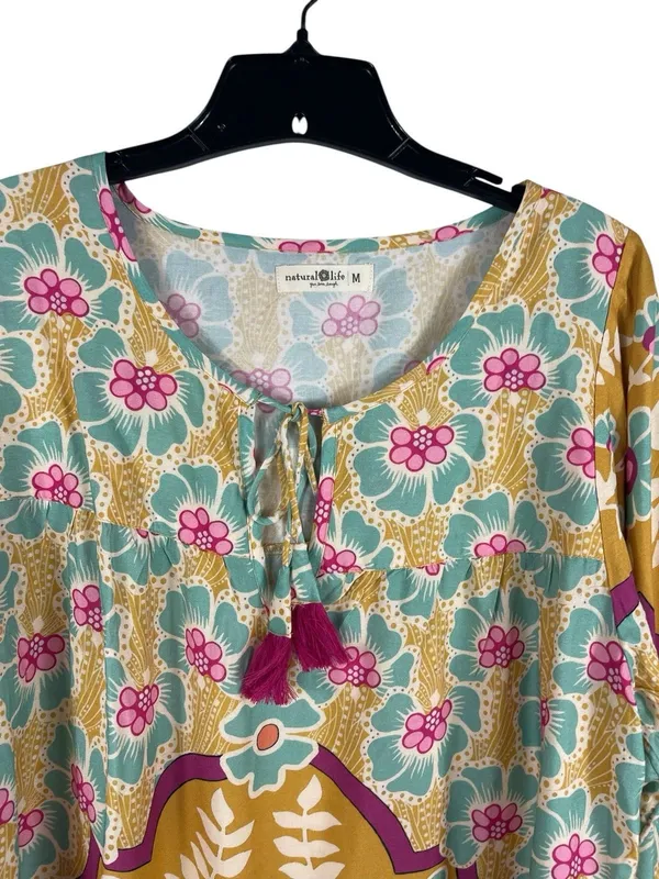 Natural Life Boho Floral Tassel Peasant Top M Mustard Teal Pink 3/4 Sleeve - Image 4