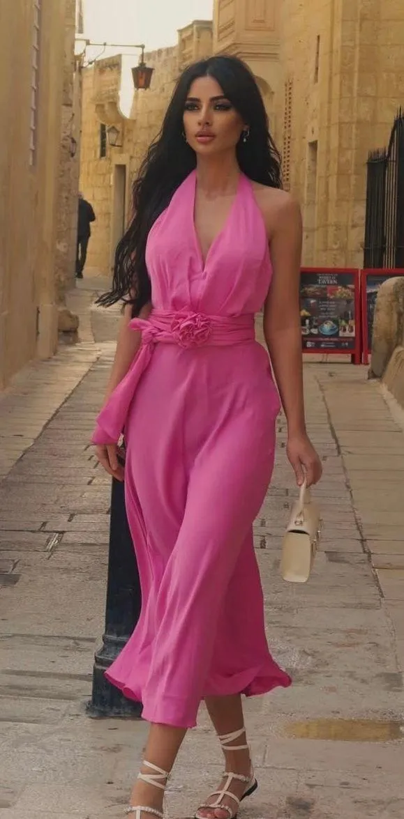 maxi dress pink satin effect floral tie scarf wedding party cocktail - Image 6