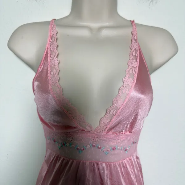 VTG Women Fairy Babydoll Slip Dress Pink Lace Floral Embroidered Satin Maxi - Image 10