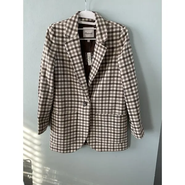 Madewell Gingham Check Blazer Brown White Wool Notched Lapel XS NWT - Image 5