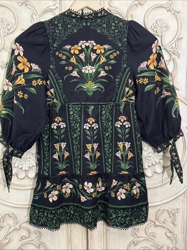Farm Rio Flowers Arch Linen Blend Mini Long Sleeve Dress Size XSmall - Image 11