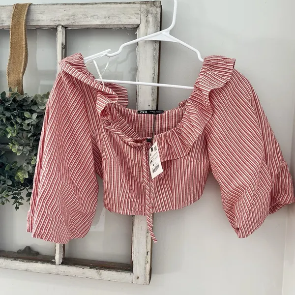 NWT ZARA Red White Stripe Puff Sleeve XS Crop Top Woman Ruffle‎ Cottage Boho - Image 5
