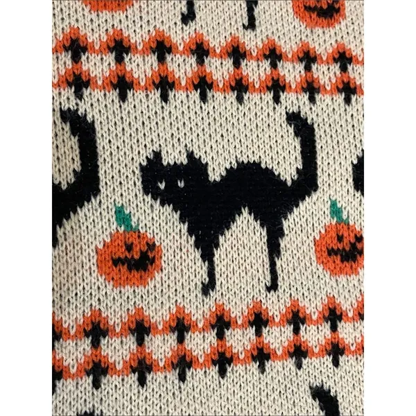 Source Unknown Halloween Sweater XL Black Cat Pumpkin Jack O Lantern Cream Knit Pullover - Image 10