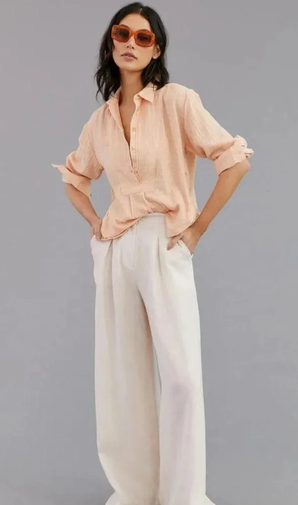 Anthropologie V-Neck Popover Cotton Long Sleeve Shirt in Orange Sz S - Image 2