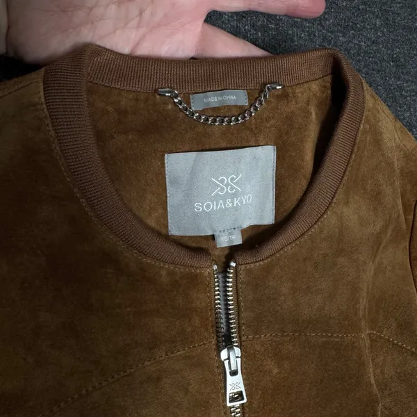 Soia & Kyo Brown Suede‎ Zip Jacket Ribbed Knit Slim Fit XS Chic Moto Minimalist - Image 8