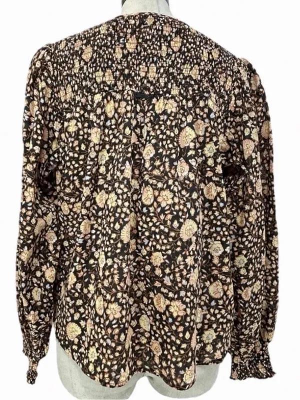 Billabong Desert Daze Floral Peasant Blouse Brown Smocked Long Sleeve Top Medium - Image 7