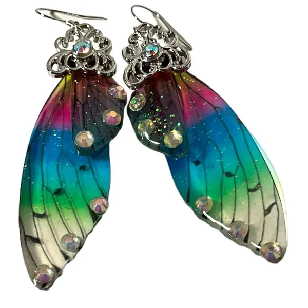 Fairy wings glittery‎ dangling earrings multicolored Pink - Image 3