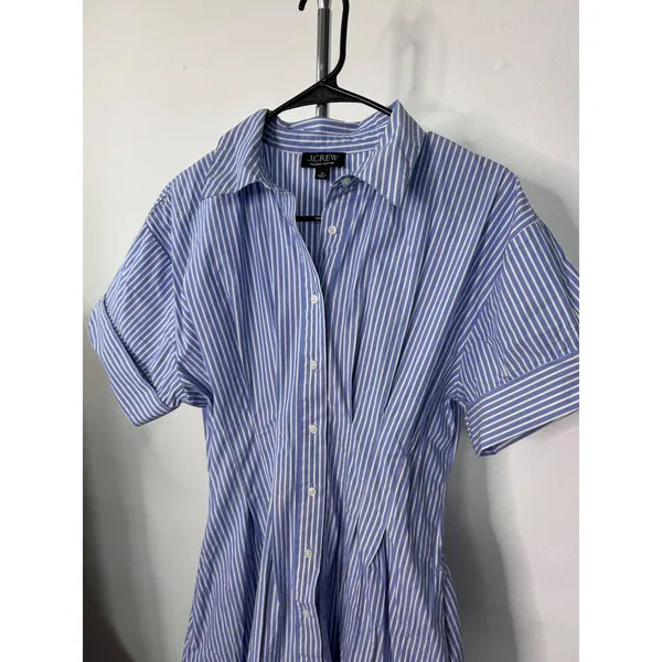 J.Crew Shirtdress Blue White Striped Short Sleeve Fit Flare Organic Cotton - Image 3