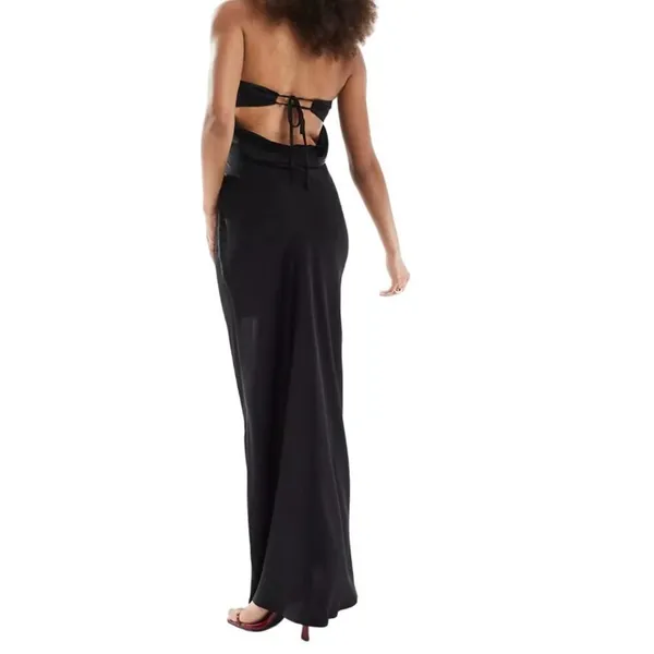 ASOS Design Satin Bandeau Bias Maxi Dress with Tie Back in Black, Size 6​​​​ - Image 2