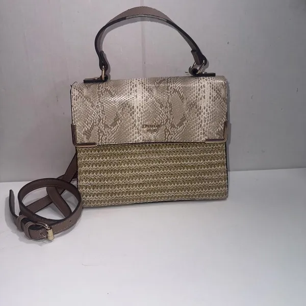 Dune London Embossed Snake‎ Print Designer Lux Crossbody Gold Straw Wicker Purse - Image 4
