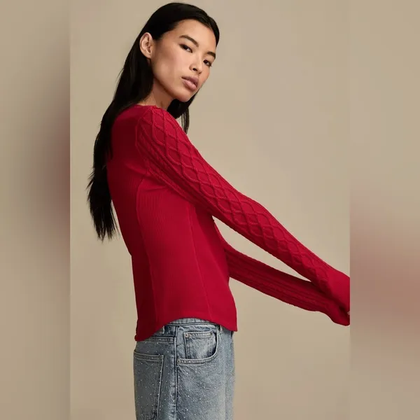 Lucky brand Textured Mixed cable knit Sleeve Henley cotton red M oversized boho​ - Image 8
