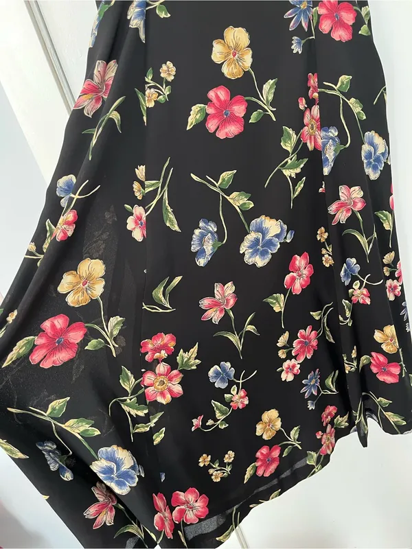 Vintage Rena Rowan Black Floral Midi Dress Pink, Blue Yellow size 6 short sleeve - Image 4