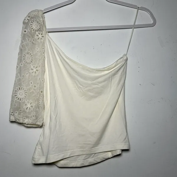 HEARTLOOM Ivory Ruched One‎ Shoulder Broderie Anglaise Sleeve Top Size S - Image 3