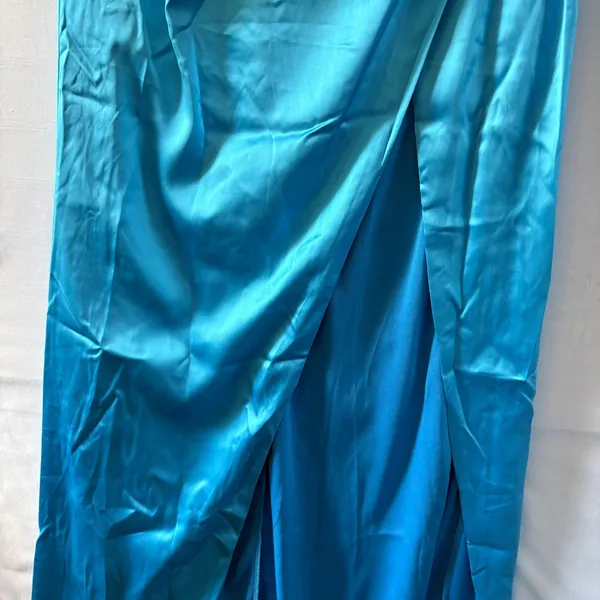 Lulus Turquoise Blue Satin Strapless Ruched Maxi Dress HD2848 Prom Gown - Image 9