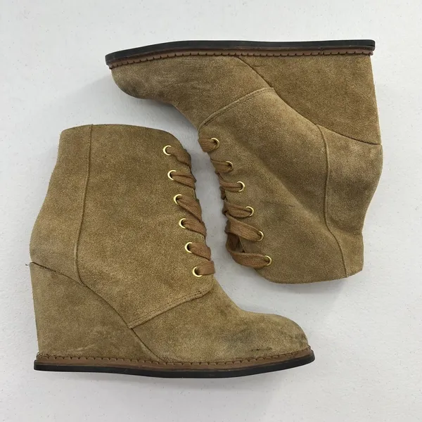 Kate Spade Size 7 Wedge Booties Saundra Tan Suede Lace Up Boots New York Fall - Image 5