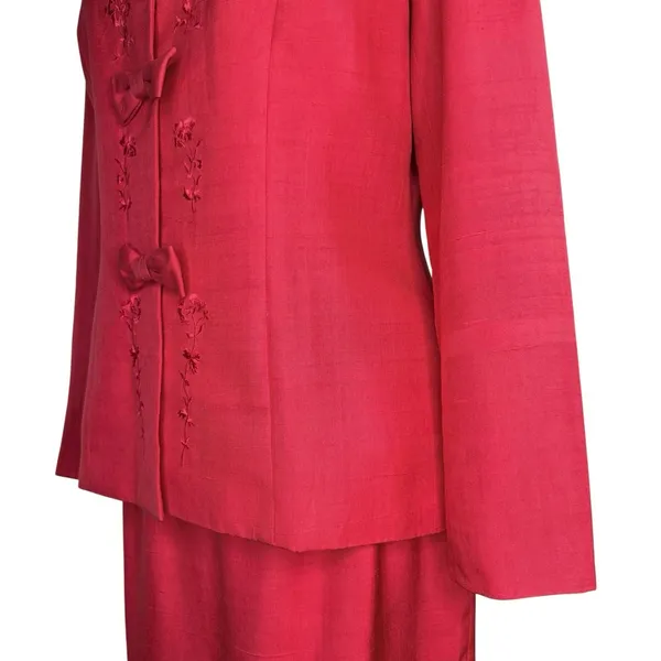 Vintage 90s Liz Claiborne 100% Silk Red Skirt Suit Set Bow Embroidery Size 6‎ - Image 5