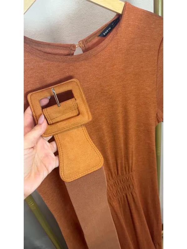Size M Rust Maxi Dress with Stretch Waist & Statement Belt - Image 2