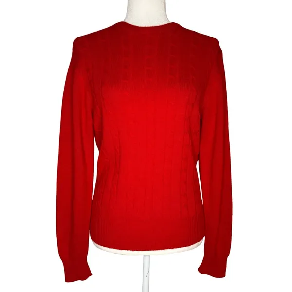 Robinsons 100% Cashmere Cable Knit‎ Sweater Medium Red Soft Cozy Crew Neck - Image 2