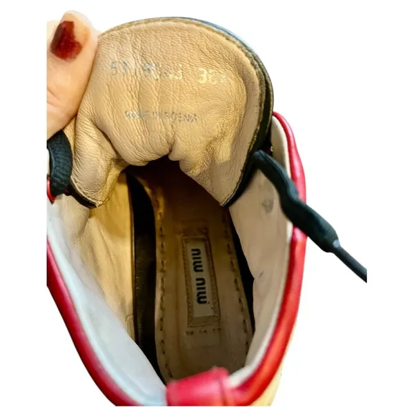 Miu Miu Prada Red White & Black Pointed Toe High Top Nappa Biker Sneakers - Image 8