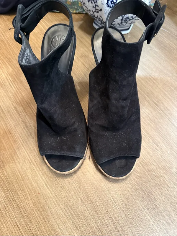 Tory Burch Black Suede Peep-Toe Ankle Wood Strap Wedges Sz 9 - Image 10