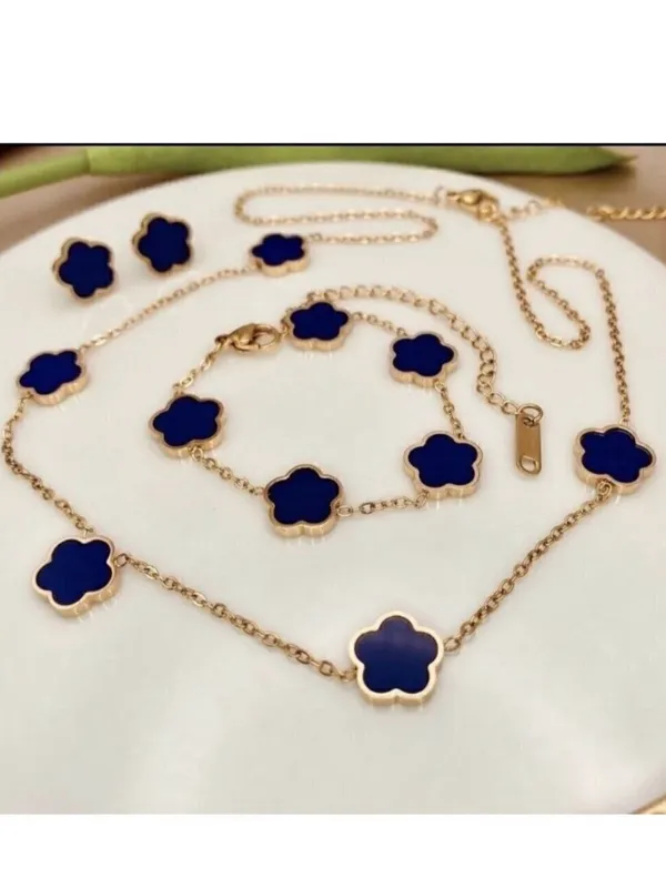 18K Gold Plated Blue Clover Necklace stainless steel Womens jewelry - Image 7
