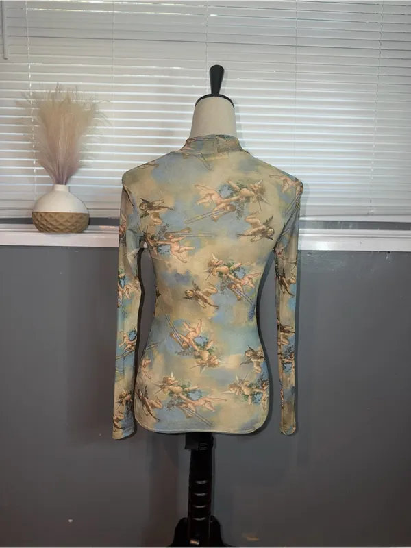 Sweet Lilac XS Cherub Angel Print Sheer Mesh Mock Neck Long Sleeve Top - Image 6