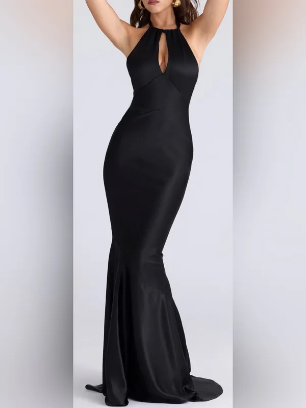 NEW House of CB Oliviana Halter cutout Black Satin Maxi gown sz XS - Image 2