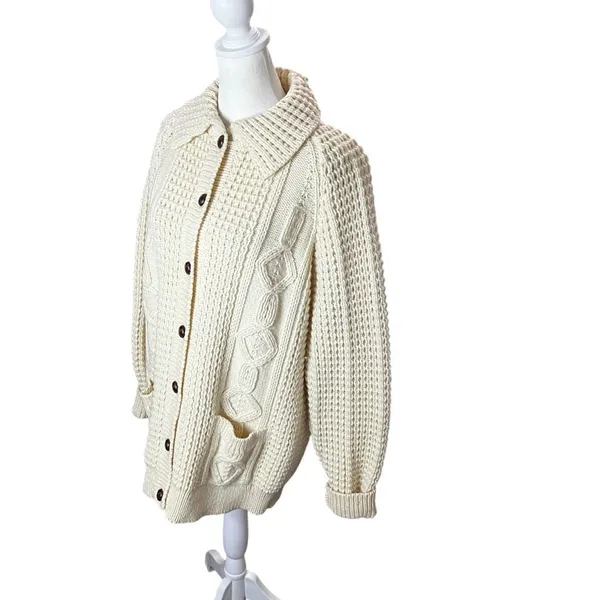 Bonner of Ireland Handloomed 100% Wool Aran Cable Knit Cardigan Cream XL - Image 3