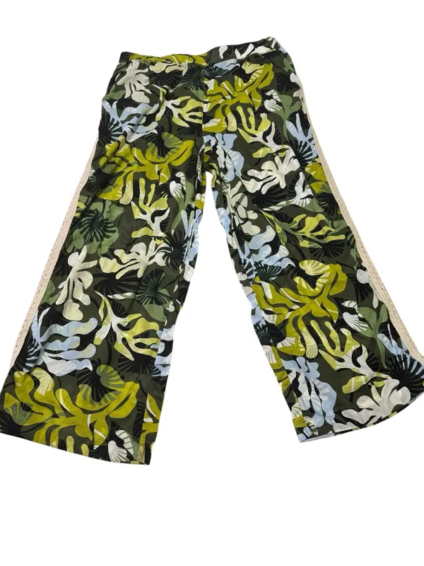 Leaf Print Crochet Trim Wide Leg Pants Green Size XL - Image 5