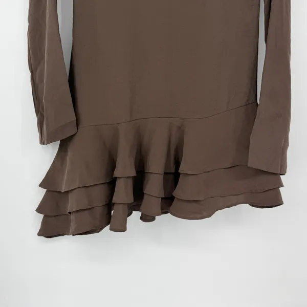 Zara NWT Brown Modal Blend Asymmetric Ruffle Hem Mini Dress M Long Sleeve - Image 3