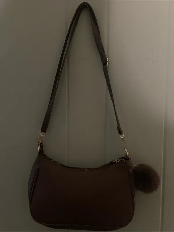 Brown Shoulder Bag with Pom Pom Charm - Image 3