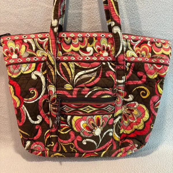 Vera Bradley‎ Brown Pink Quilted Tote Bag Floral Print Travel Shoulder Bag - Image 2