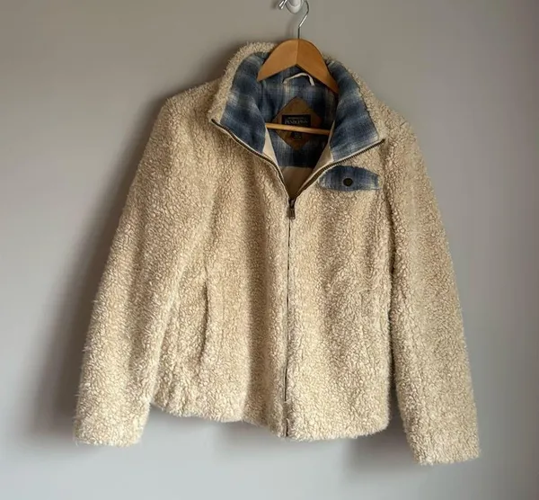 Pendleton Sherpa Jacket Ivory Blue Flannel Fuzzy Gorpcore Nature Small - Image 2