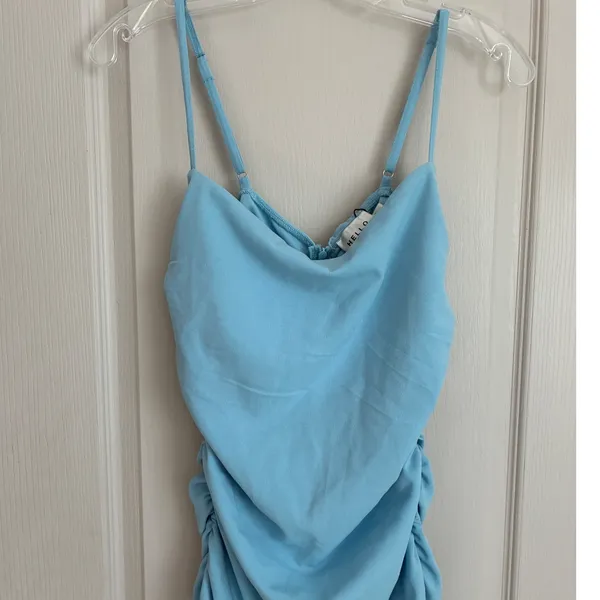 Hello Molly Blue Ruched Mini Dress Cowl Neck‎ Ruffle Hem A04200HM Womens 8 NWT - Image 4