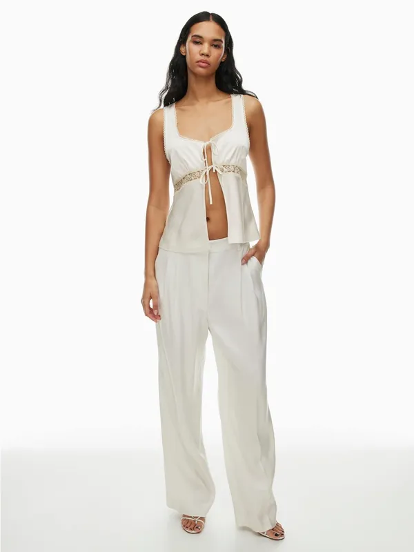 Aritzia Wilfred Picnic Satin Babydoll Camisole Ivory Lace Tie Front 2XS - Image 3