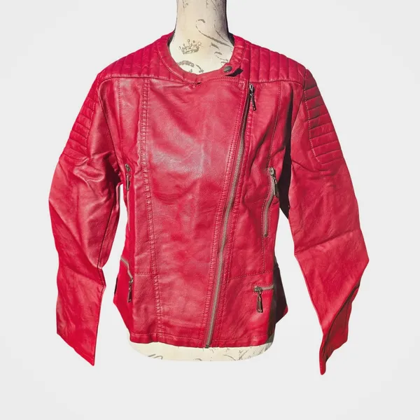Olivia Miller NWT Womens Burgundy Faux Leather Moto‎ Jacket Fits Large - Image 3