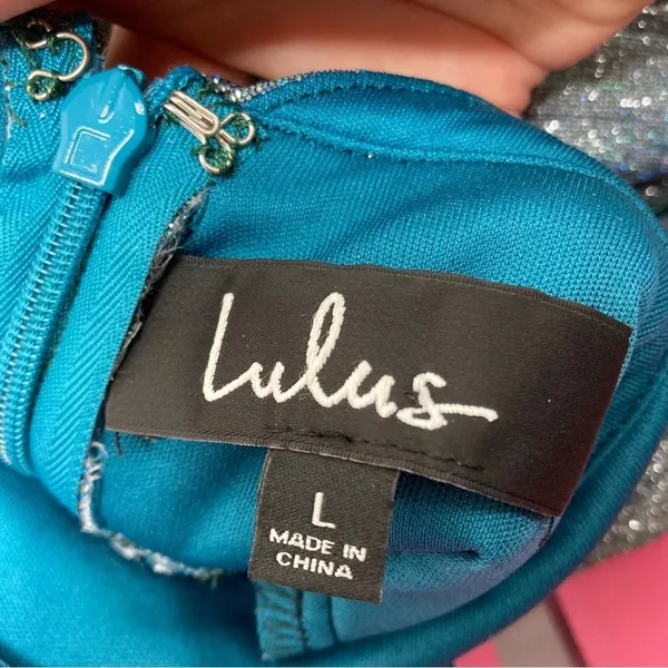 Lulu's Teal Blue Stop The Show Glitter Mini Party Dress V-Neck Womens Large - Image 6