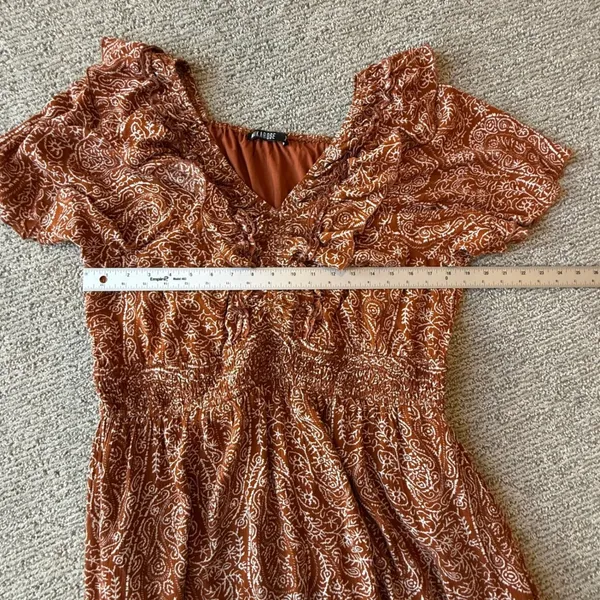 Mikarose Rust Paisley Ruffle V-Neck Smocked Maxi Dress XXL MDFP23619 - Image 7
