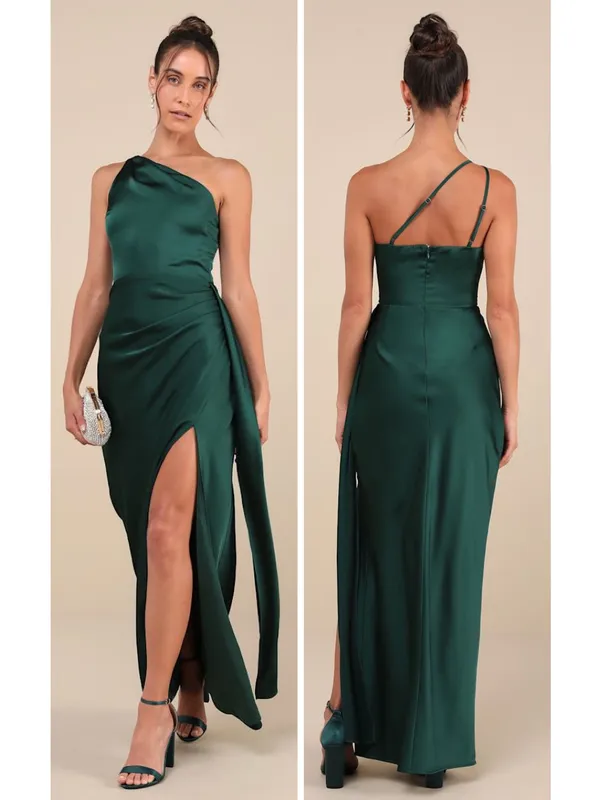 Lulus Signature Elegance Emerald Satin One-Shoulder Maxi Dress Size Large Formal - Image 2