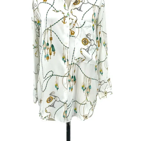 Zara Button Down Nautical Chain Printed Long Sleeve‎ Blouse White Size Small - Image 7