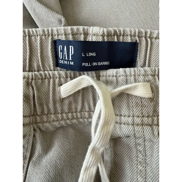 GAP Denim Pull-On Barrel Jeans Tan Khaki High Rise‎ Curved Leg Womens L Long - Image 5