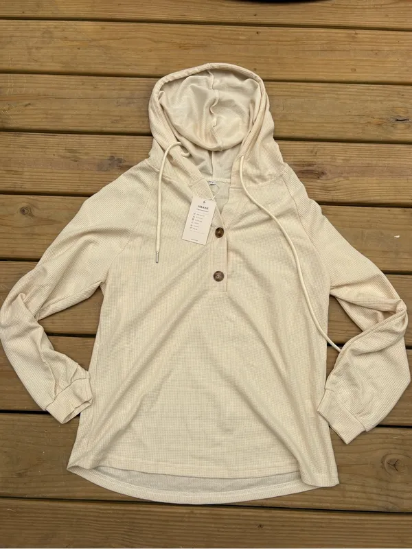 Women’s Small Cream Waffle Knit Hooded Henley Tunic Pullover Top NWT - Image 2