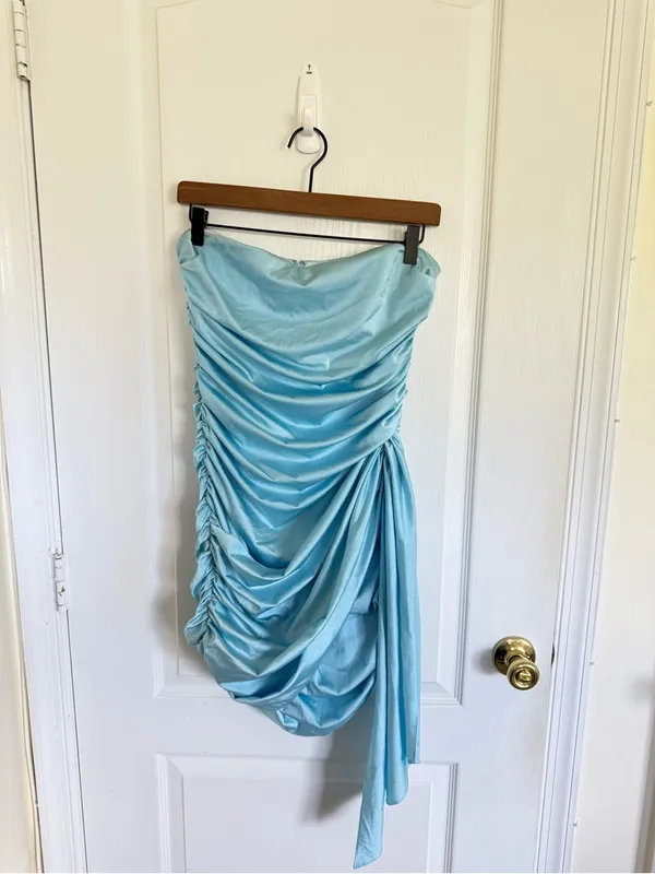 Amanda Uprichard Anja Strapless Ruched Mini Dress in Light Blue - Image 2