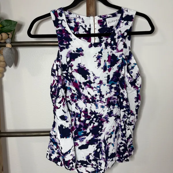 Olive and Oak Abstract Print Purple Blue White Sleeveless Blouse Size Medium - Image 3